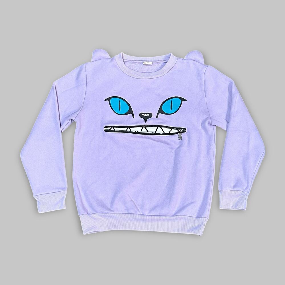Loucuc Purple Cat Face Sweatshirt with Zipper Mouth – Size XL